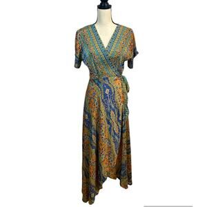 Paani Short Sleeve Orange and Blue Paisley Boho Wrap Dress Size Small